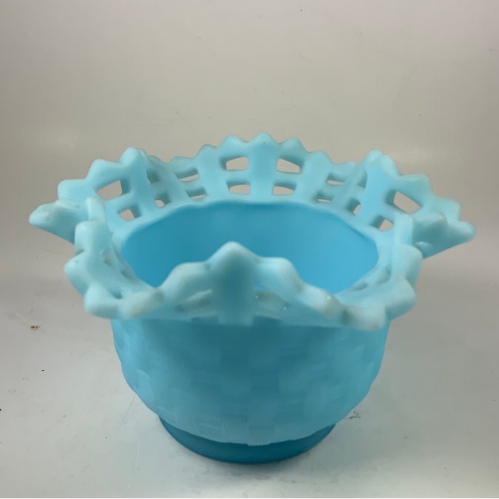 RARE Fenton Milk Glass Lace Edge Bowl Candy Dish Basketweave Turquoise Blue